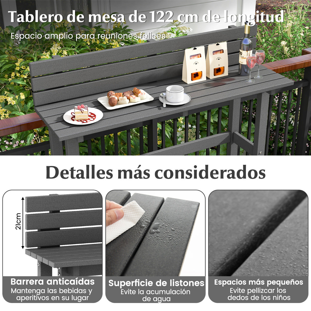 Mesa de Bar para Exteriores de 122 cm con Estante de Almacenamiento y Almohadillas para Pies Mesita Estrecha para Jardín Patio Trasero Gris