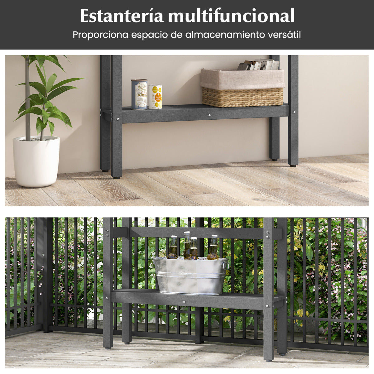 Mesa de Bar para Exteriores de 122 cm con Estante de Almacenamiento y Almohadillas para Pies Mesita Estrecha para Jardín Patio Trasero Gris
