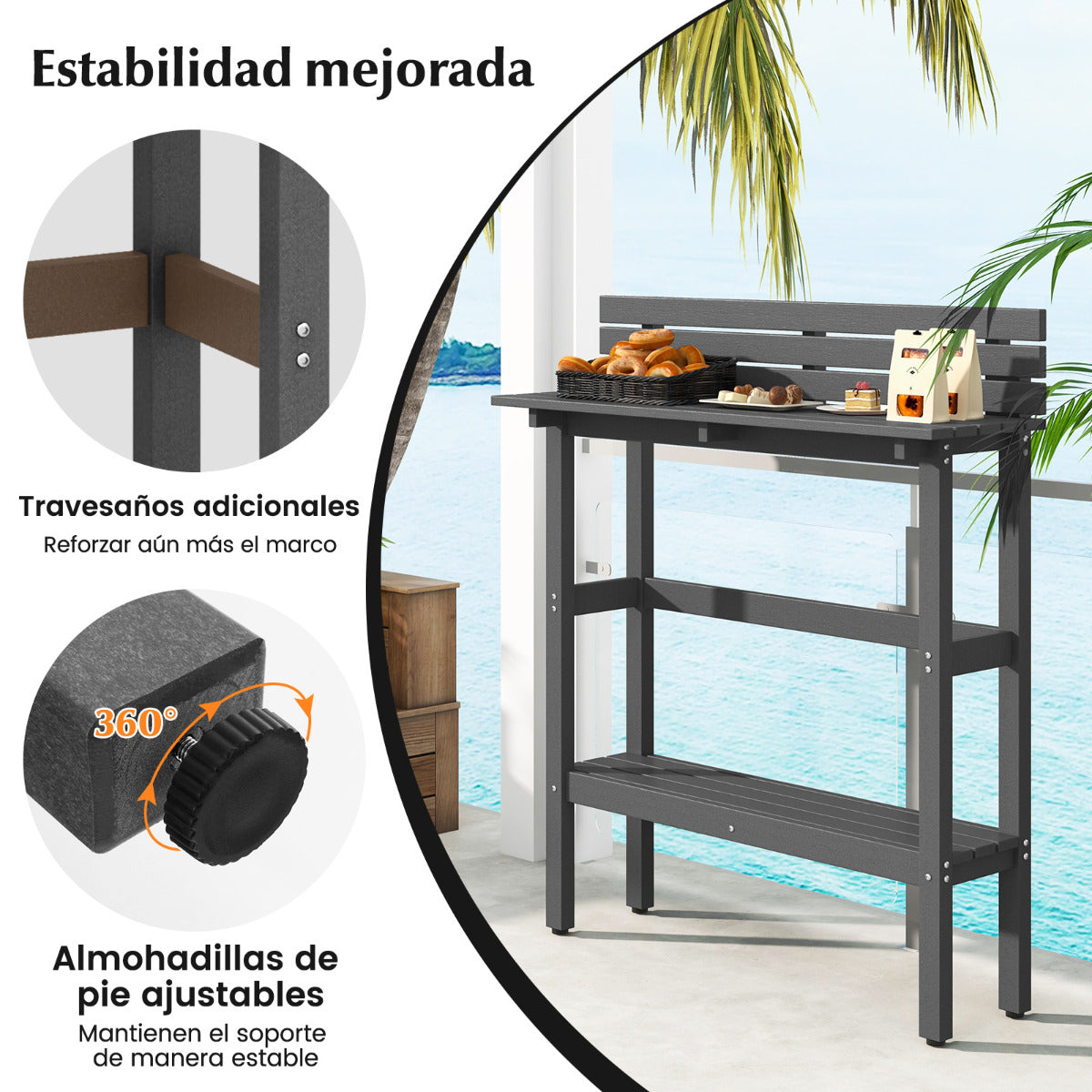 Mesa de Bar para Exteriores de 122 cm con Estante de Almacenamiento y Almohadillas para Pies Mesita Estrecha para Jardín Patio Trasero Gris