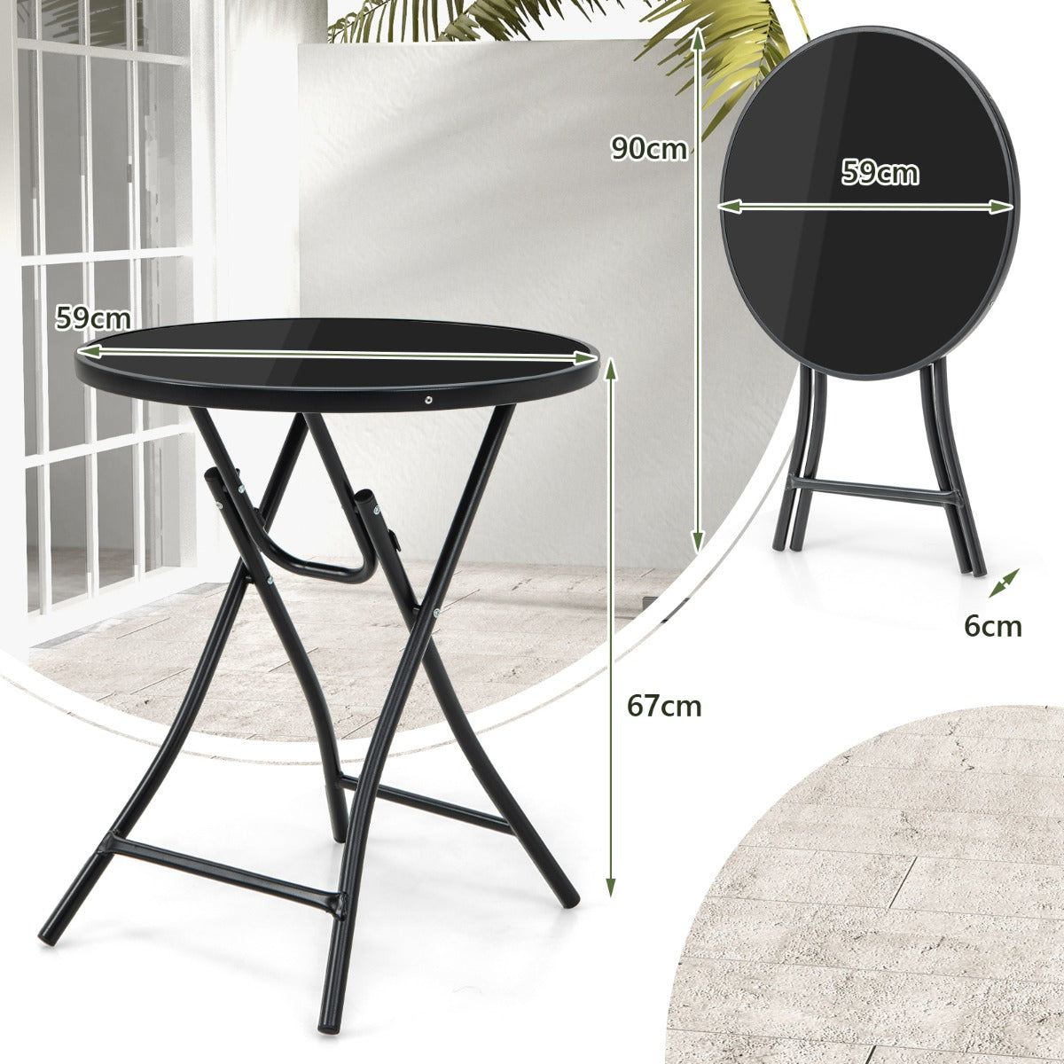 Mesa Auxiliar Plegable con Tablero de Vidrio Templado Marco de Metal Mesa de Bistró Redonda para Terraza Patio y Trasero 59 x 67 cm Negro