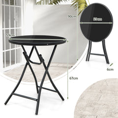 Mesa Auxiliar Plegable con Tablero de Vidrio Templado Marco de Metal Mesa de Bistró Redonda para Terraza Patio y Trasero 59 x 67 cm Negro