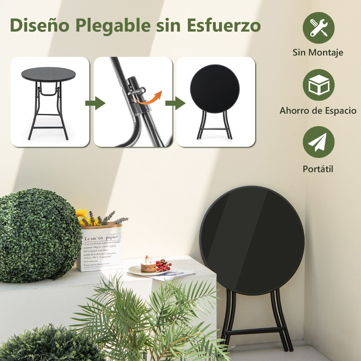 Mesa Auxiliar Plegable con Tablero de Vidrio Templado Marco de Metal Mesa de Bistró Redonda para Terraza Patio y Trasero 59 x 67 cm Negro