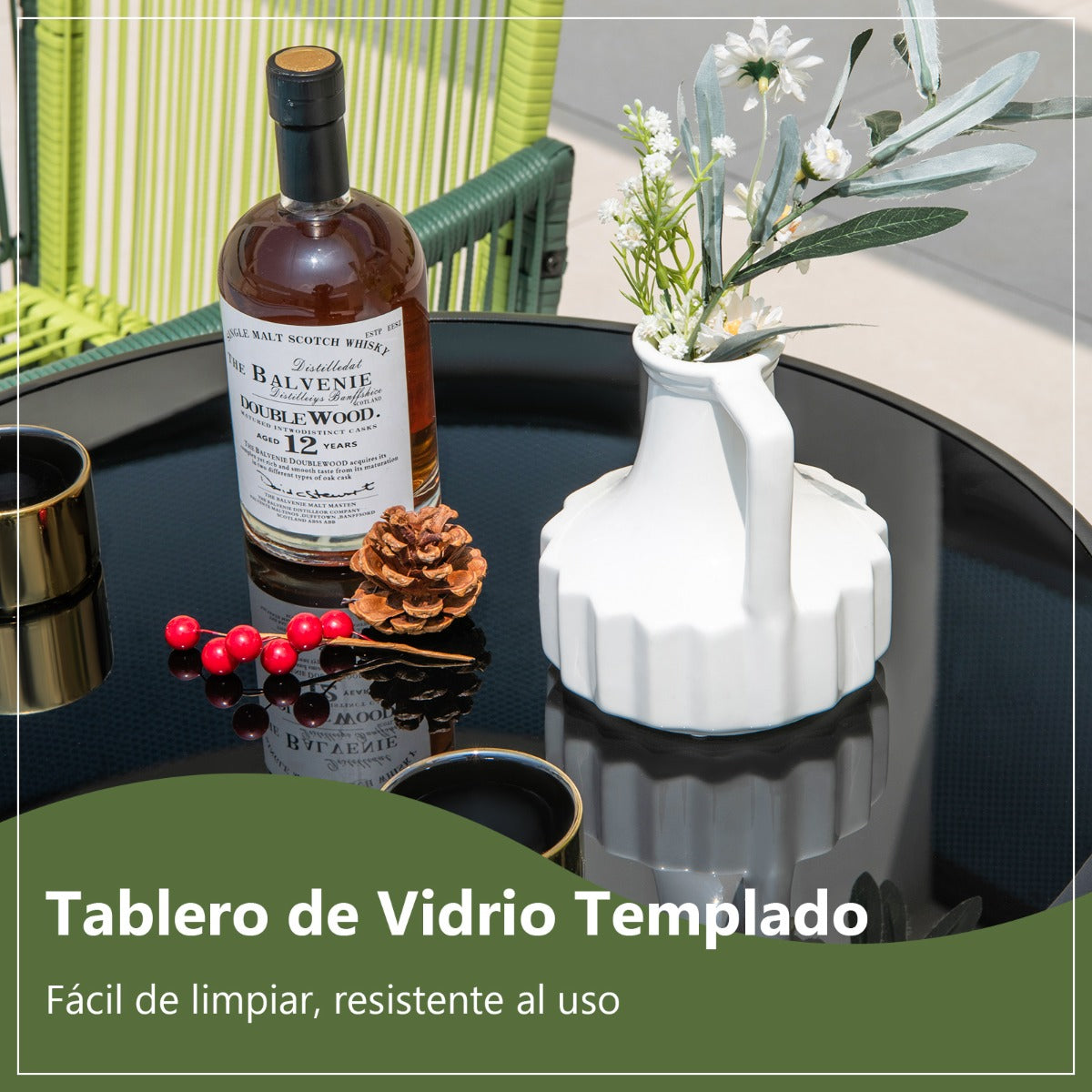 Mesa Auxiliar Plegable con Tablero de Vidrio Templado Marco de Metal Mesa de Bistró Redonda para Terraza Patio y Trasero 59 x 67 cm Negro