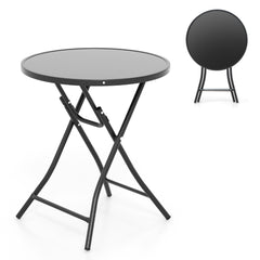 Mesa Auxiliar Plegable con Tablero de Vidrio Templado Marco de Metal Mesa de Bistró Redonda para Terraza Patio y Trasero 59 x 67 cm Negro