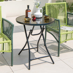 Mesa Auxiliar Plegable con Tablero de Vidrio Templado Marco de Metal Mesa de Bistró Redonda para Terraza Patio y Trasero 59 x 67 cm Negro