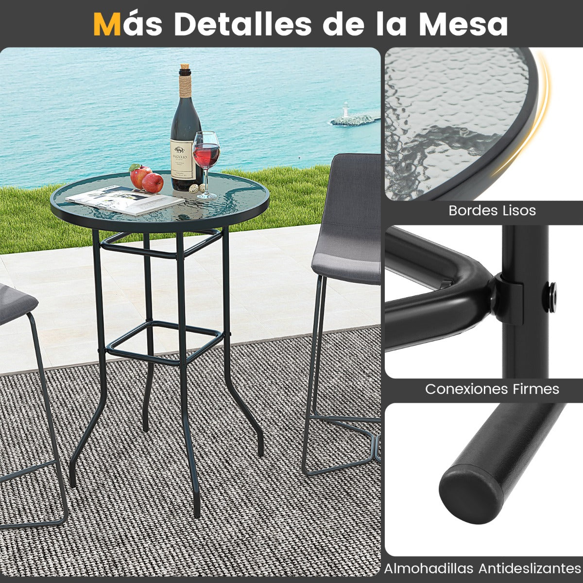Mesa de Jardín Redonda con Tablero de Vidrio Templado y Marco de Metal Resistente Carga 50kg 68 x 68 x 97 cm