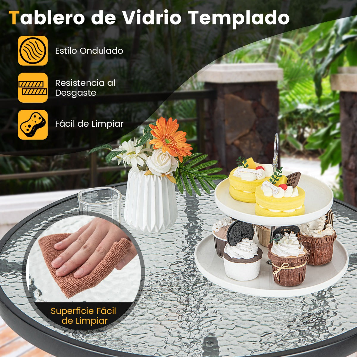 Mesa de Jardín Redonda con Tablero de Vidrio Templado y Marco de Metal Resistente Carga 50kg 68 x 68 x 97 cm