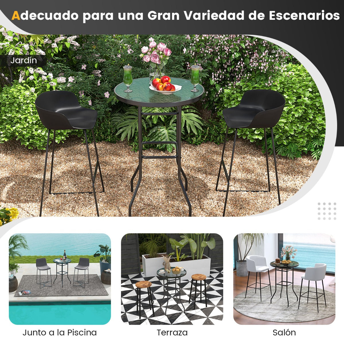 Mesa de Jardín Redonda con Tablero de Vidrio Templado y Marco de Metal Resistente Carga 50kg 68 x 68 x 97 cm