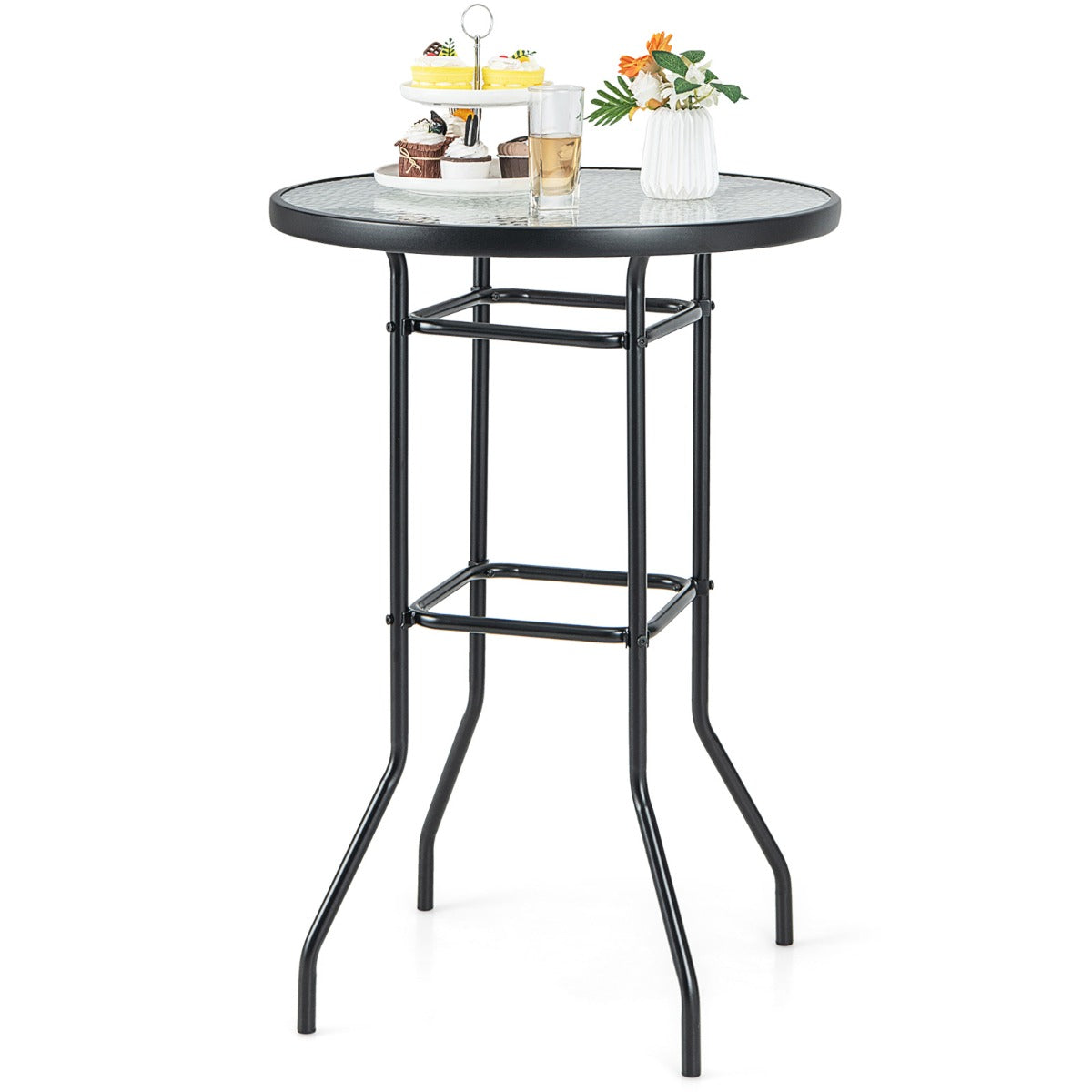 Mesa de Jardín Redonda con Tablero de Vidrio Templado y Marco de Metal Resistente Carga 50kg 68 x 68 x 97 cm