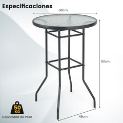 Mesa de Jardín Redonda con Tablero de Vidrio Templado y Marco de Metal Resistente Carga 50kg 68 x 68 x 97 cm