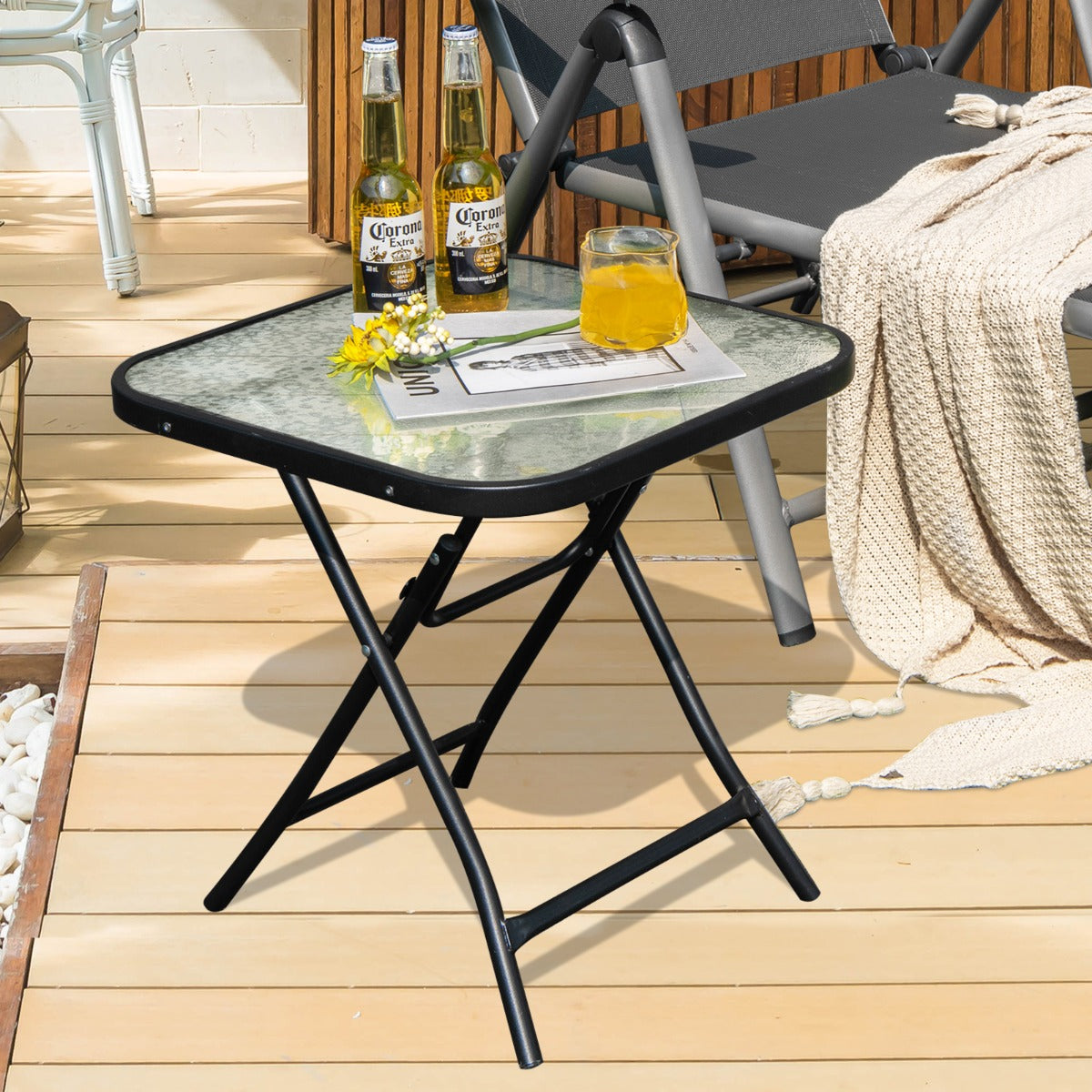 Mesa de Bistro para Patio Mesa de Comedor Cuadrada de 46,5 cm con Marco Antioxidante Tapa de Cristal Templado para Piscina Balcón Negro