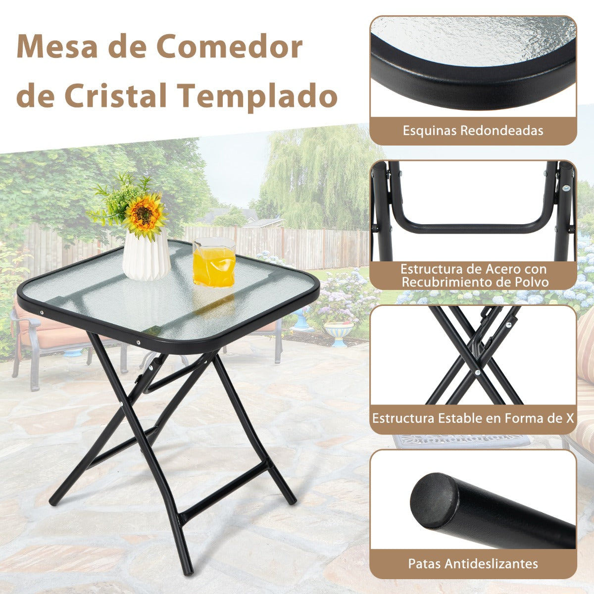 Mesa de Bistro para Patio Mesa de Comedor Cuadrada de 46,5 cm con Marco Antioxidante Tapa de Cristal Templado para Piscina Balcón Negro