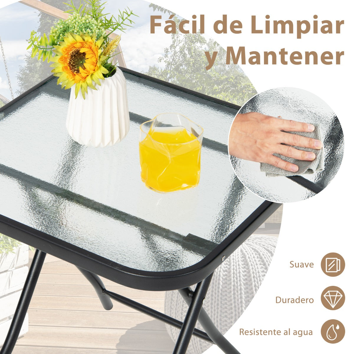Mesa de Bistro para Patio Mesa de Comedor Cuadrada de 46,5 cm con Marco Antioxidante Tapa de Cristal Templado para Piscina Balcón Negro