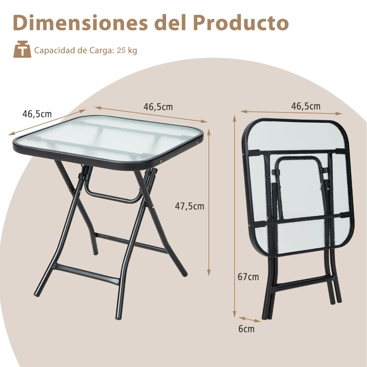 Mesa de Bistro para Patio Mesa de Comedor Cuadrada de 46,5 cm con Marco Antioxidante Tapa de Cristal Templado para Piscina Balcón Negro
