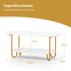 Mesa de Café con Tope de Mármol Artificial Mesa de Té Moderna de 2 Niveles con Estructura Metálica Pesada Mesa Rectangular para Sofá Blanco