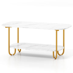 Mesa de Café con Tope de Mármol Artificial Mesa de Té Moderna de 2 Niveles con Estructura Metálica Pesada Mesa Rectangular para Sofá Blanco