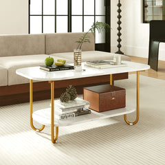 Mesa de Café con Tope de Mármol Artificial Mesa de Té Moderna de 2 Niveles con Estructura Metálica Pesada Mesa Rectangular para Sofá Blanco