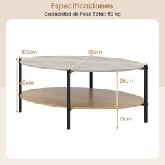 Mesa de Café con Marco Metálic Encimera de Mármol Artificial y Almohadillas Ajustables 105 x 65 x 43 cm Grsi y Natural