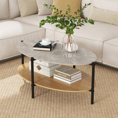 Mesa de Café con Marco Metálic Encimera de Mármol Artificial y Almohadillas Ajustables 105 x 65 x 43 cm Grsi y Natural