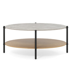 Mesa de Café con Marco Metálic Encimera de Mármol Artificial y Almohadillas Ajustables 105 x 65 x 43 cm Grsi y Natural