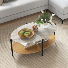 Mesa de Café con Marco Metálic Encimera de Mármol Artificial y Almohadillas Ajustables 105 x 65 x 43 cm Grsi y Natural