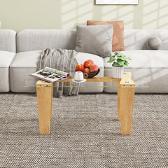 Mesa de Café de Vidrio Mesa Central Rectangular de 100 CM con Patas de Madera de Caucho Sólido Mesa de Cóctel para Sala de Estar Natural