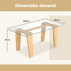 Mesa de Café de Vidrio Mesa Central Rectangular de 100 CM con Patas de Madera de Caucho Sólido Mesa de Cóctel para Sala de Estar Natural