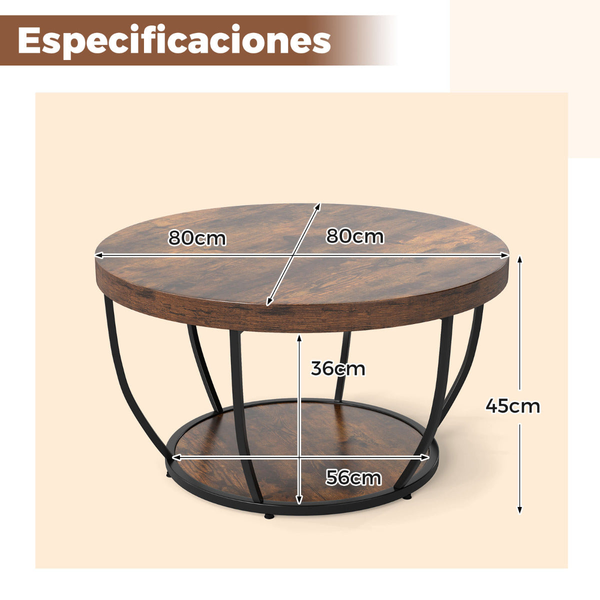Mesa de Café Redonda de 2 Niveles con Almacenaje Mesa de Té de 80 cm con Estructura de Metal Mesa Lateral para Sala de Estar Marrón