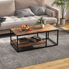 Mesa de Centro Industrial de 2 Niveles Mesa Rectangular de 105 cm con Estante de Almacenamiento y Marco de Metal para Sala de Estar Marrón