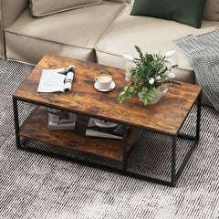 Mesa de Centro Industrial de 2 Niveles Mesa Rectangular de 105 cm con Estante de Almacenamiento y Marco de Metal para Sala de Estar Marrón