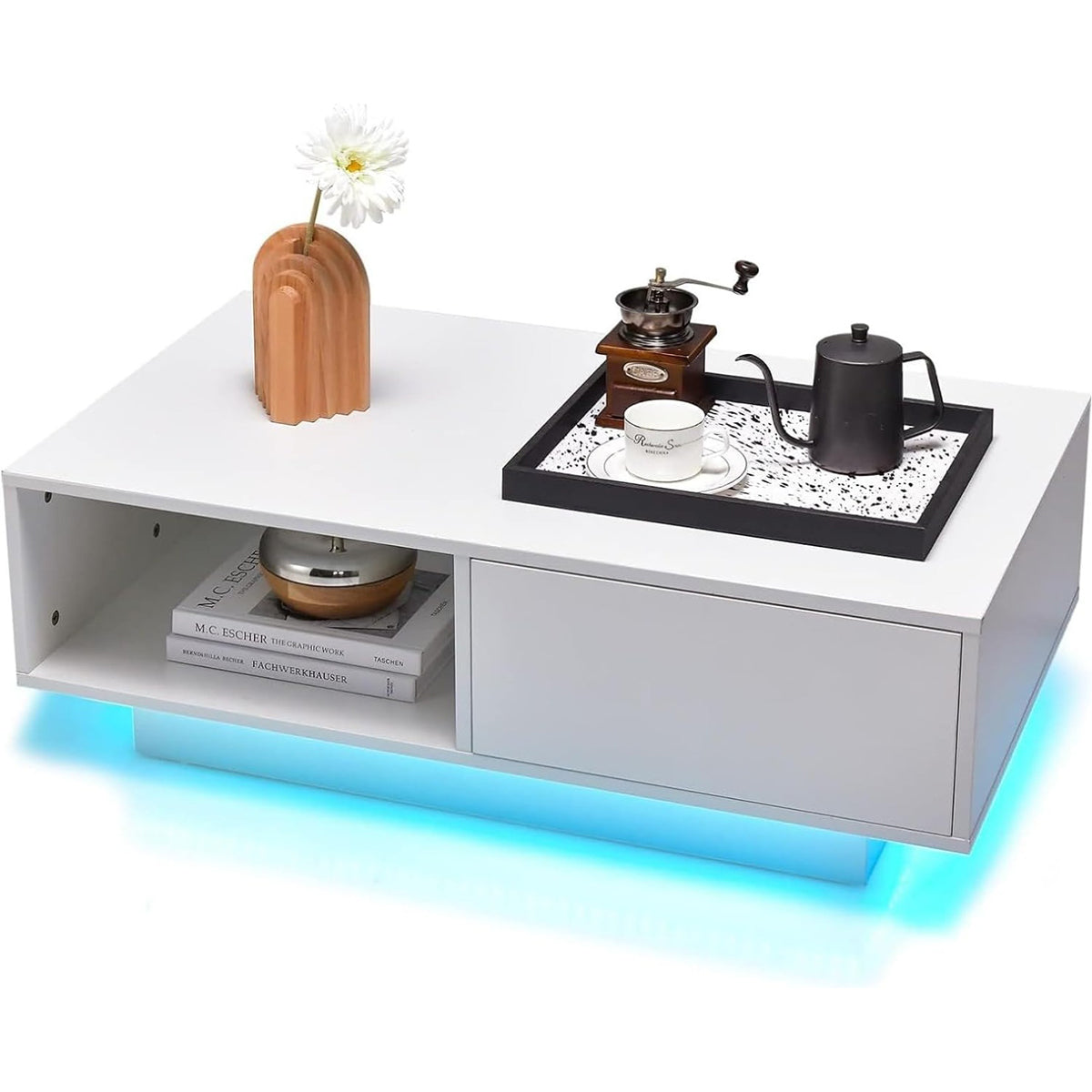Mesa de Café LED Mesa de Centro Moderna de Alto Brillo con Compartimento Abierto y Cajón Mesa Central con Luces y Control Remoto Blanco