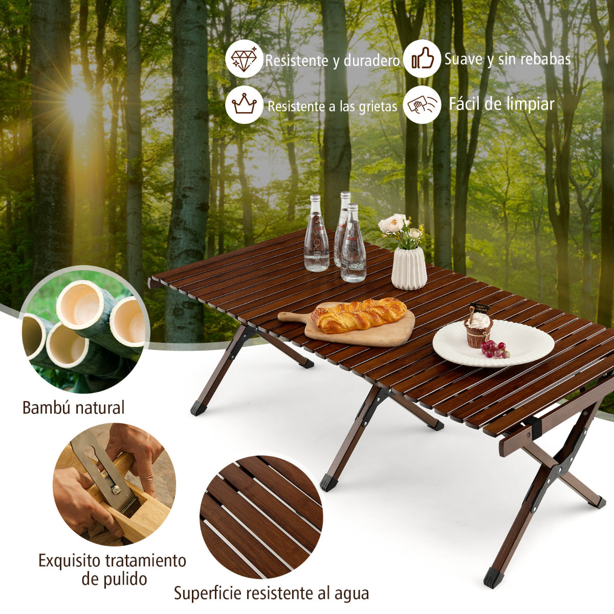 Mesa de Camping Plegable de Bambú Mesa de Picnic Portátil con Bolsa Transporte para Barbacoa Patio Jardín Playa 122 x 60 x 43,5 cm Café