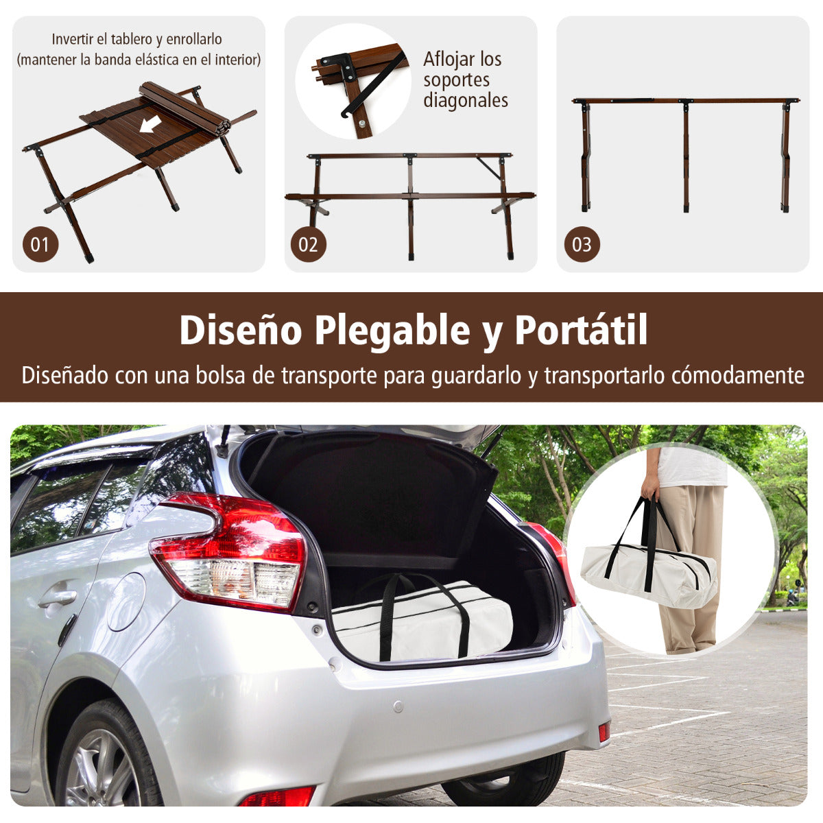 Mesa de Camping Plegable de Bambú Mesa de Picnic Portátil con Bolsa Transporte para Barbacoa Patio Jardín Playa 122 x 60 x 43,5 cm Café