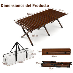 Mesa de Camping Plegable de Bambú Mesa de Picnic Portátil con Bolsa Transporte para Barbacoa Patio Jardín Playa 122 x 60 x 43,5 cm Café