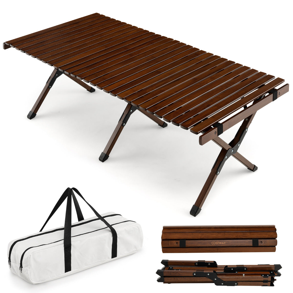 Mesa de Camping Plegable de Bambú Mesa de Picnic Portátil con Bolsa Transporte para Barbacoa Patio Jardín Playa 122 x 60 x 43,5 cm Café