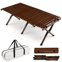Mesa de Camping Plegable de Bambú Mesa de Picnic Portátil con Bolsa Transporte para Barbacoa Patio Jardín Playa 122 x 60 x 43,5 cm Café