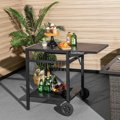 Mesa de Carro de Comedor Móvil Carrito de Doble Estante con Tablero Plegable 4 Ganchos Extra para Patio Terraza 96,5 x 64 x 75,5 cm Negro