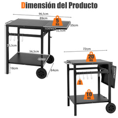 Mesa de Carro de Comedor Móvil Carrito de Doble Estante con Tablero Plegable 4 Ganchos Extra para Patio Terraza 96,5 x 64 x 75,5 cm Negro