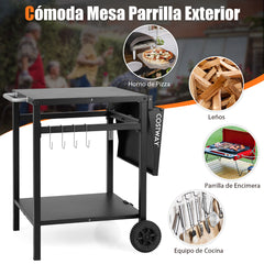 Mesa de Carro de Comedor Móvil Carrito de Doble Estante con Tablero Plegable 4 Ganchos Extra para Patio Terraza 96,5 x 64 x 75,5 cm Negro