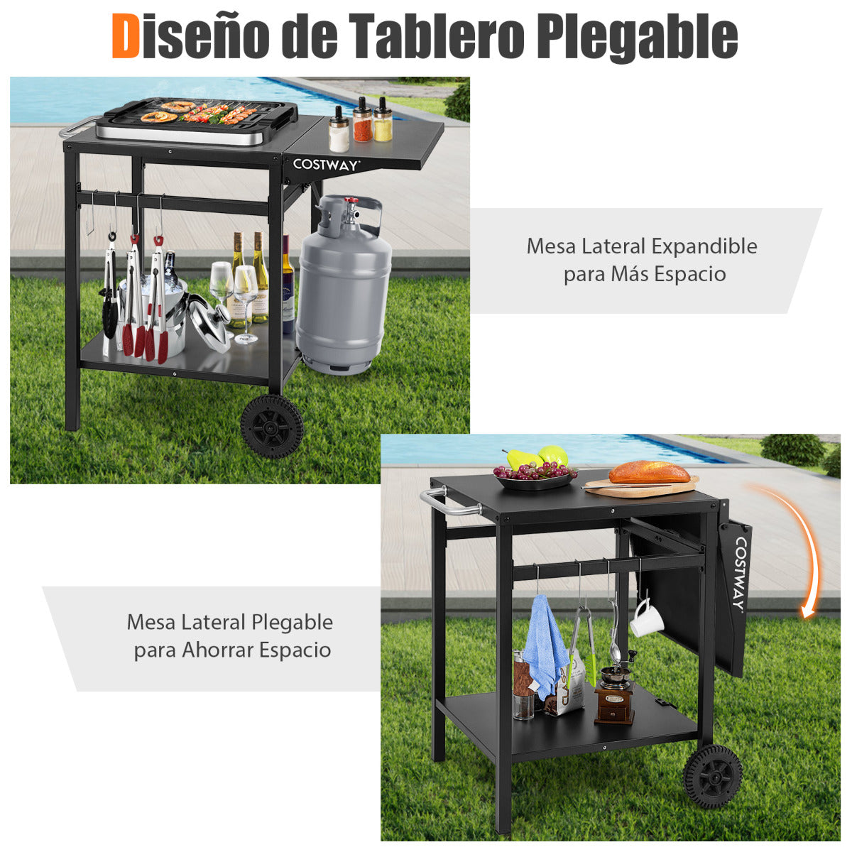 Mesa de Carro de Comedor Móvil Carrito de Doble Estante con Tablero Plegable 4 Ganchos Extra para Patio Terraza 96,5 x 64 x 75,5 cm Negro