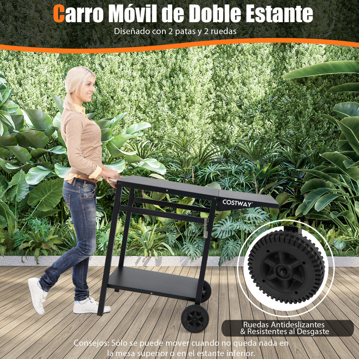 Mesa de Carro de Comedor Móvil Carrito de Doble Estante con Tablero Plegable 4 Ganchos Extra para Patio Terraza 96,5 x 64 x 75,5 cm Negro