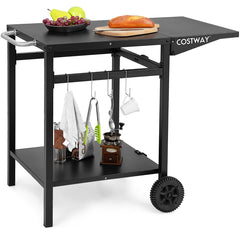 Mesa de Carro de Comedor Móvil Carrito de Doble Estante con Tablero Plegable 4 Ganchos Extra para Patio Terraza 96,5 x 64 x 75,5 cm Negro