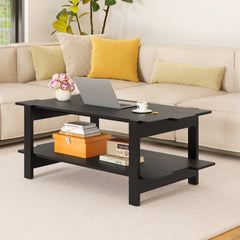 Mesa de Centro de 2 Niveles Mesa de Café de Madera con Estante de Almacenamiento Mesa Auxiliar Rectangular para Sala de Estar Negro