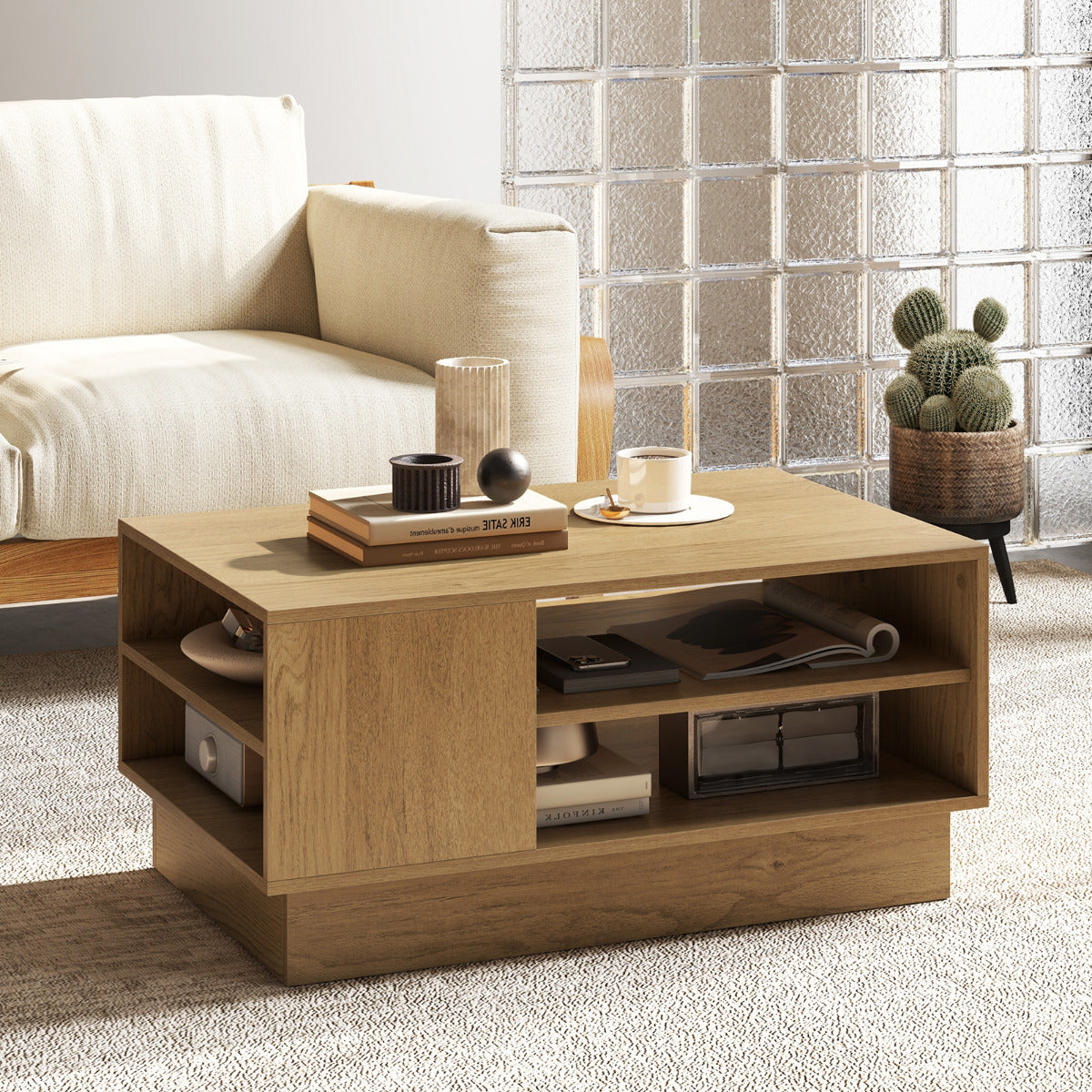 Mesa de Centro Moderna Rectangular con 2 Estantes Abiertos Mesa Auxiliar para Sala de Estar Sala de Recepción 86 x 56 x 41 cm Natural