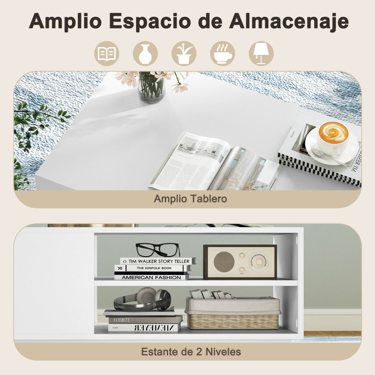 Mesa de Centro Moderna Rectangular con 2 Estantes Abiertos Mesa Auxiliar para Sala de Estar Sala de Recepción 86 x 56 x 41 cm Blanco