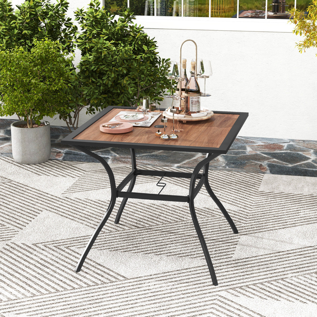 Mesa de Comedor para Patio para 4 Personas Mesa Bistro Cuadrada con Agujero Ajustable para Sombrilla y Tablero de Imitación de Madera