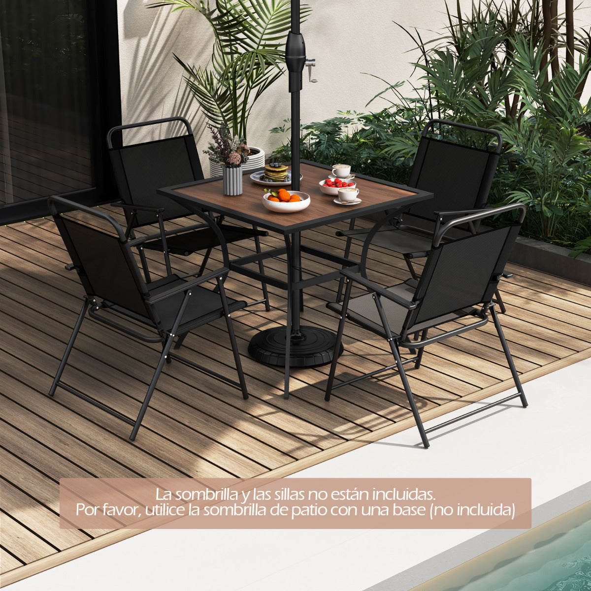Mesa de Comedor para Patio para 4 Personas Mesa Bistro Cuadrada con Agujero Ajustable para Sombrilla y Tablero de Imitación de Madera