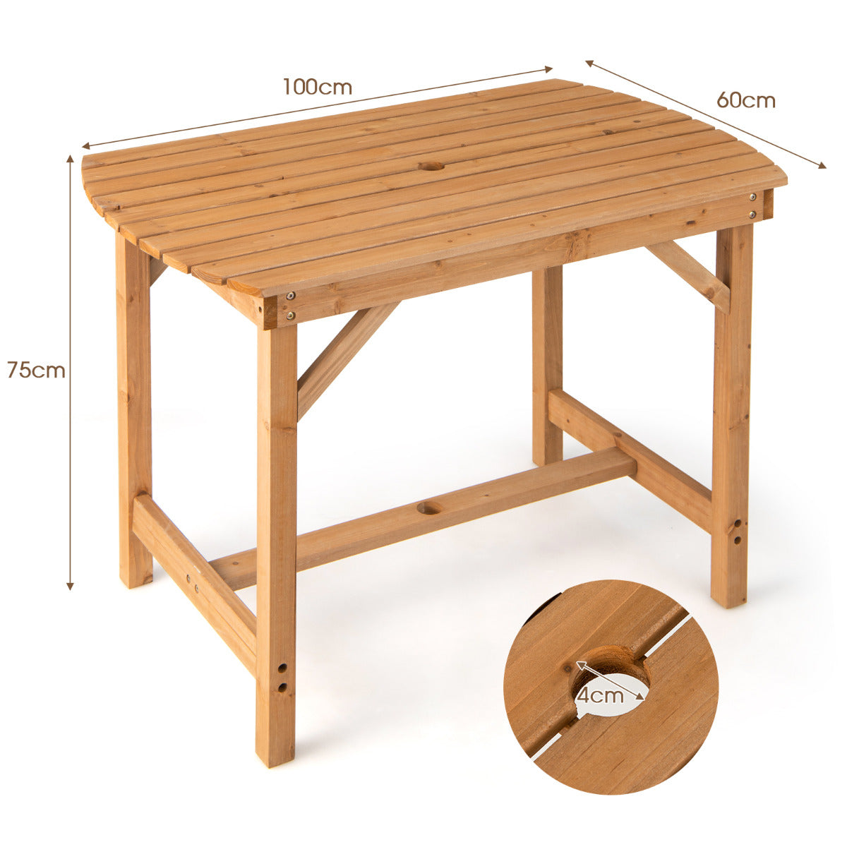 Mesa de Comedor de Madera Abeto de Exterior con Agujero para Sombrilla de 4 cm para 4-6 Personas para Patio Jardín 100 x 60 x 75 cm Natural