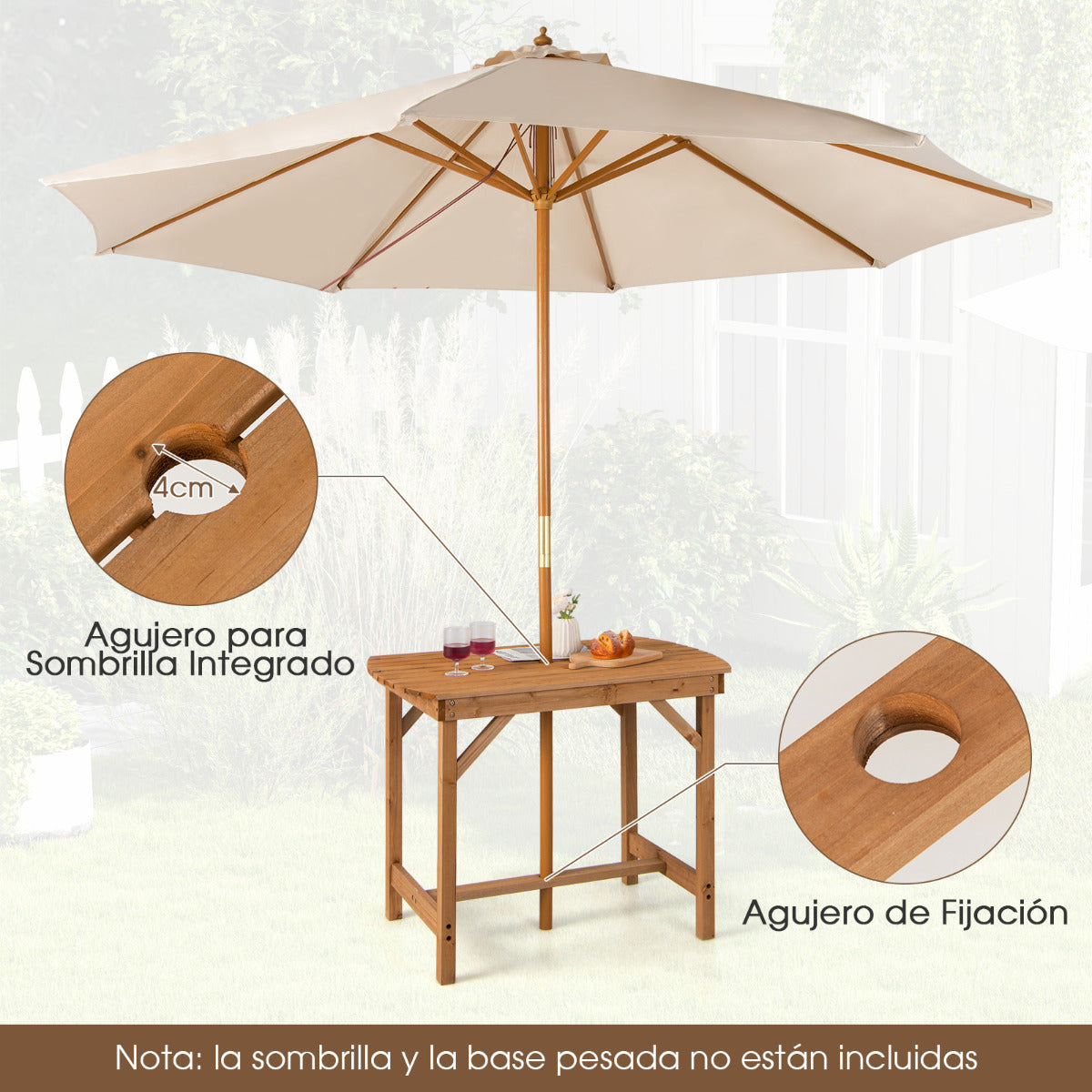 Mesa de Comedor de Madera Abeto de Exterior con Agujero para Sombrilla de 4 cm para 4-6 Personas para Patio Jardín 100 x 60 x 75 cm Natural
