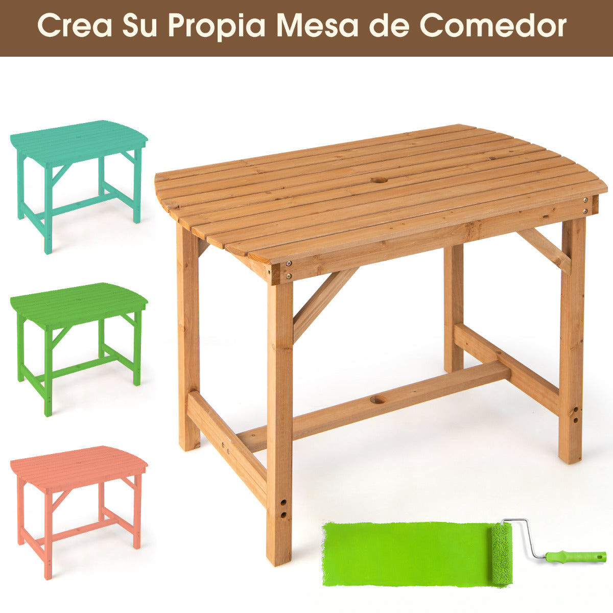 Mesa de Comedor de Madera Abeto de Exterior con Agujero para Sombrilla de 4 cm para 4-6 Personas para Patio Jardín 100 x 60 x 75 cm Natural